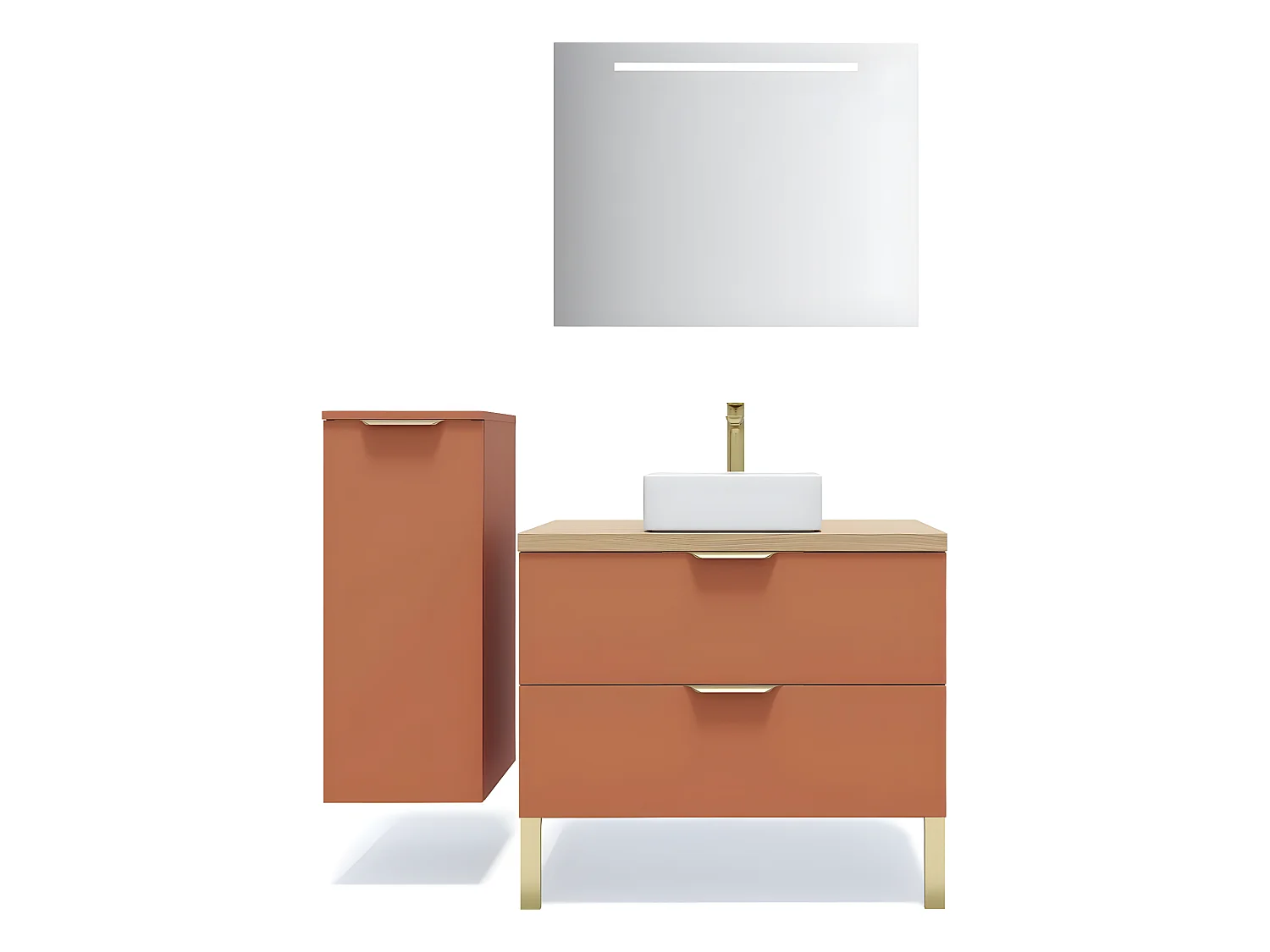 Meuble de salle de bain suspendu vasque à poser 90cm 2 tiroirs Terracotta + miroir + colonne ouverture gauche - Venice