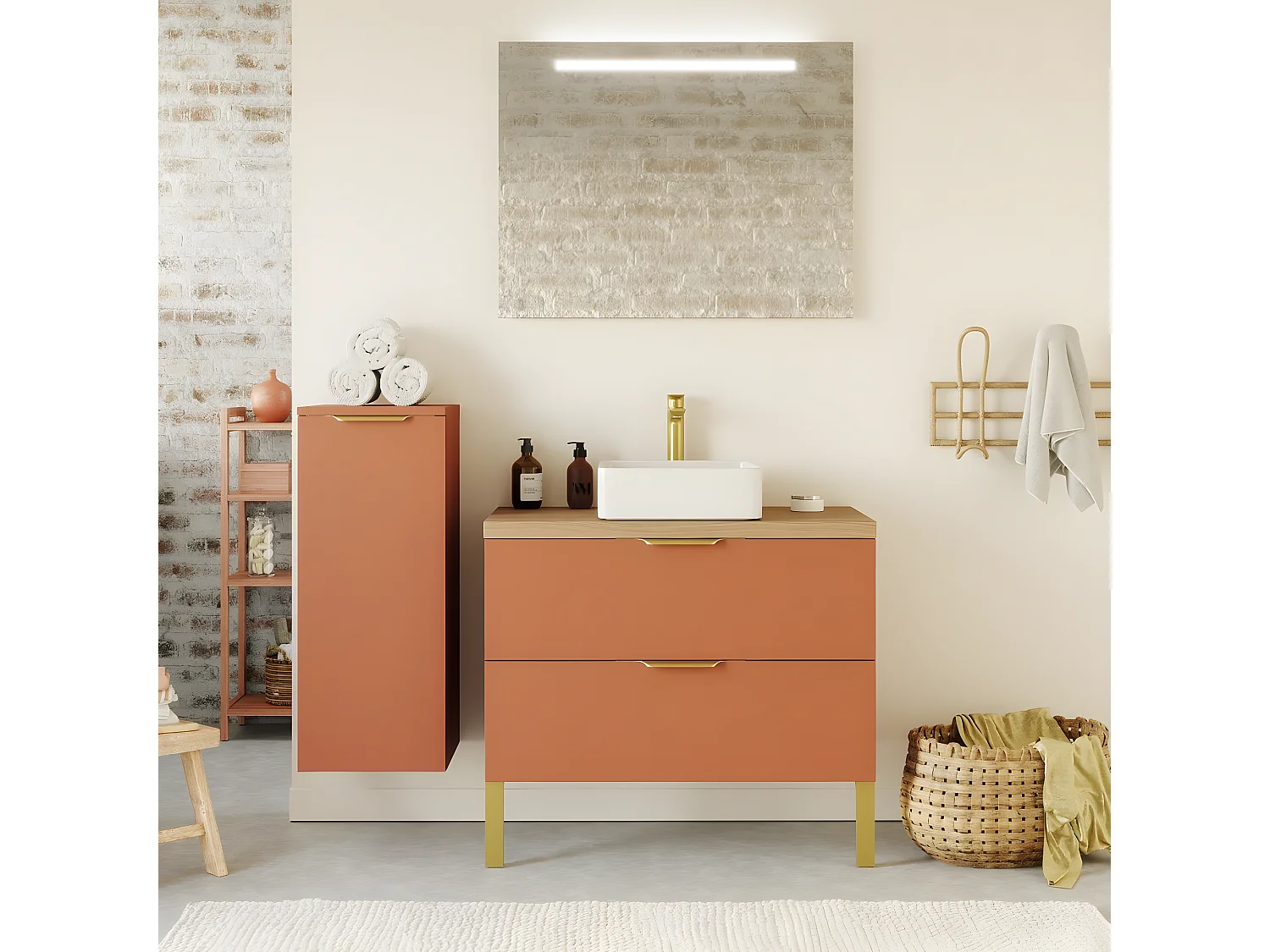 Meuble de salle de bain suspendu vasque à poser 90cm 2 tiroirs Terracotta + miroir + colonne ouverture gauche - Venice