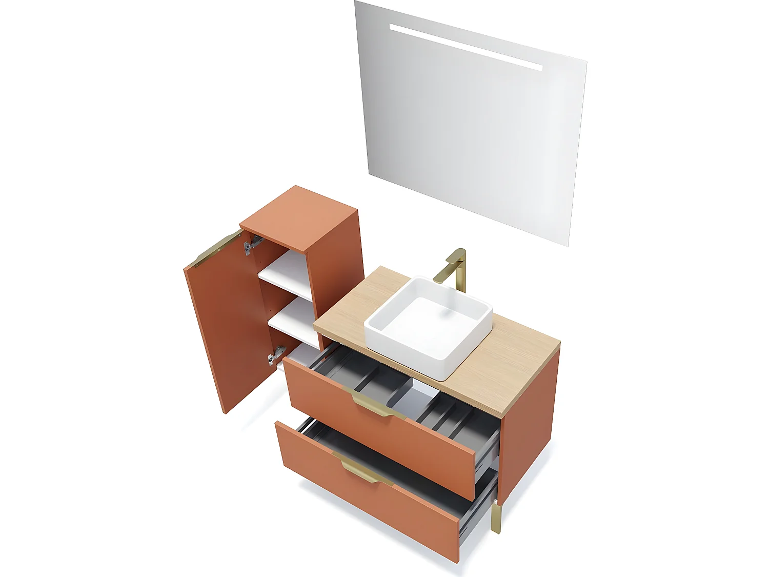 Meuble de salle de bain suspendu vasque à poser 90cm 2 tiroirs Terracotta + miroir + colonne ouverture gauche - Venice