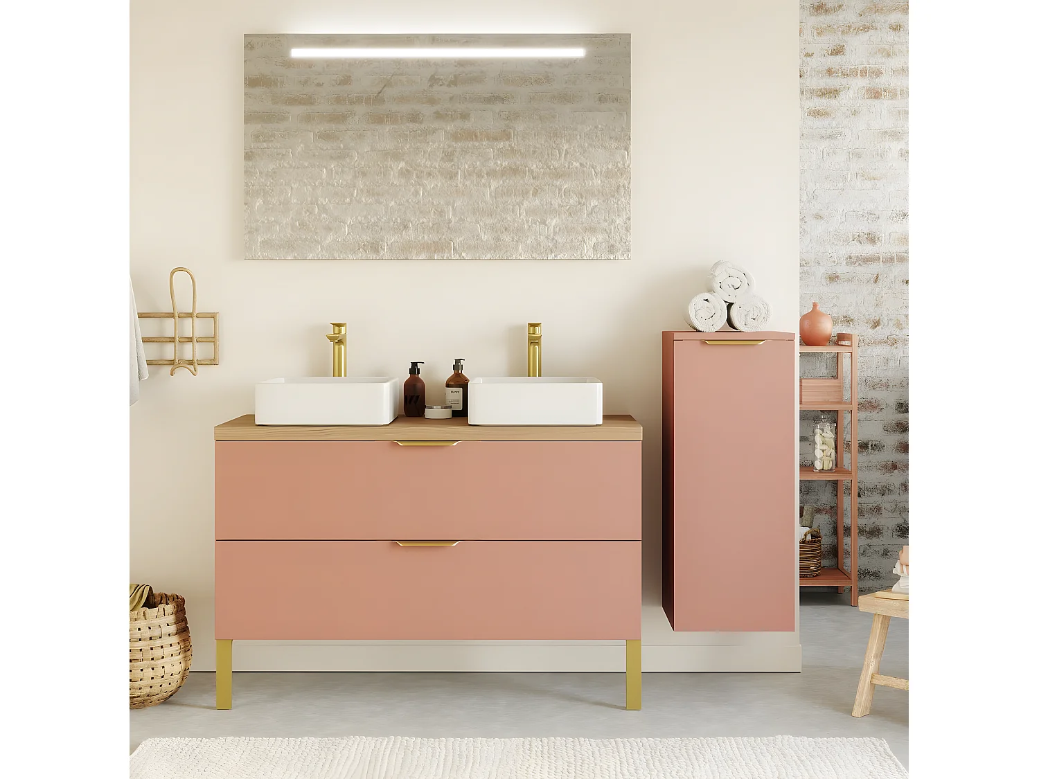 Meuble de salle de bain suspendu 2 vasques à poser 120cm 2 tiroirs Abricot + miroir + colonne ouverture droite - Venice