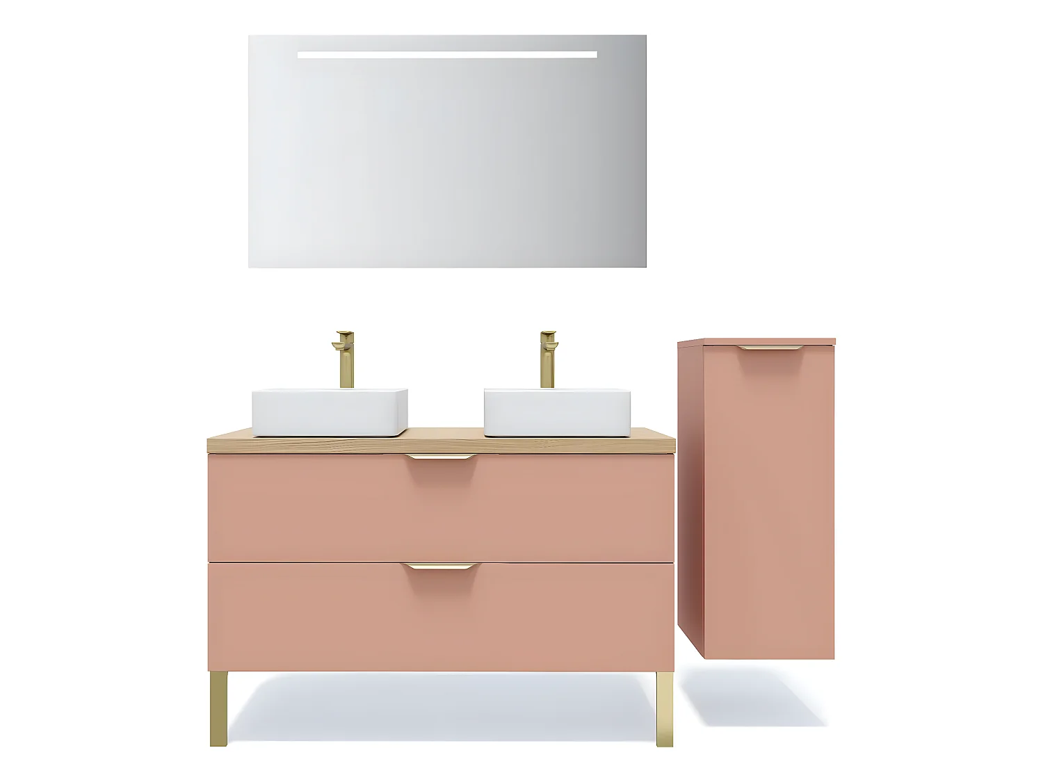 Meuble de salle de bain suspendu 2 vasques à poser 120cm 2 tiroirs Abricot + miroir + colonne ouverture droite - Venice