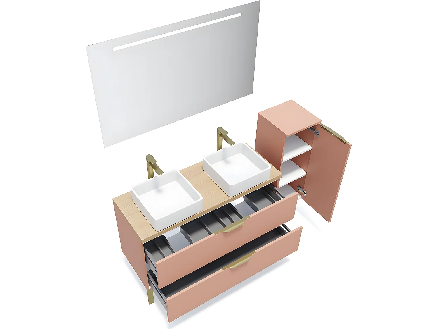 Meuble de salle de bain suspendu 2 vasques à poser 120cm 2 tiroirs Abricot + miroir + colonne ouverture droite - Venice