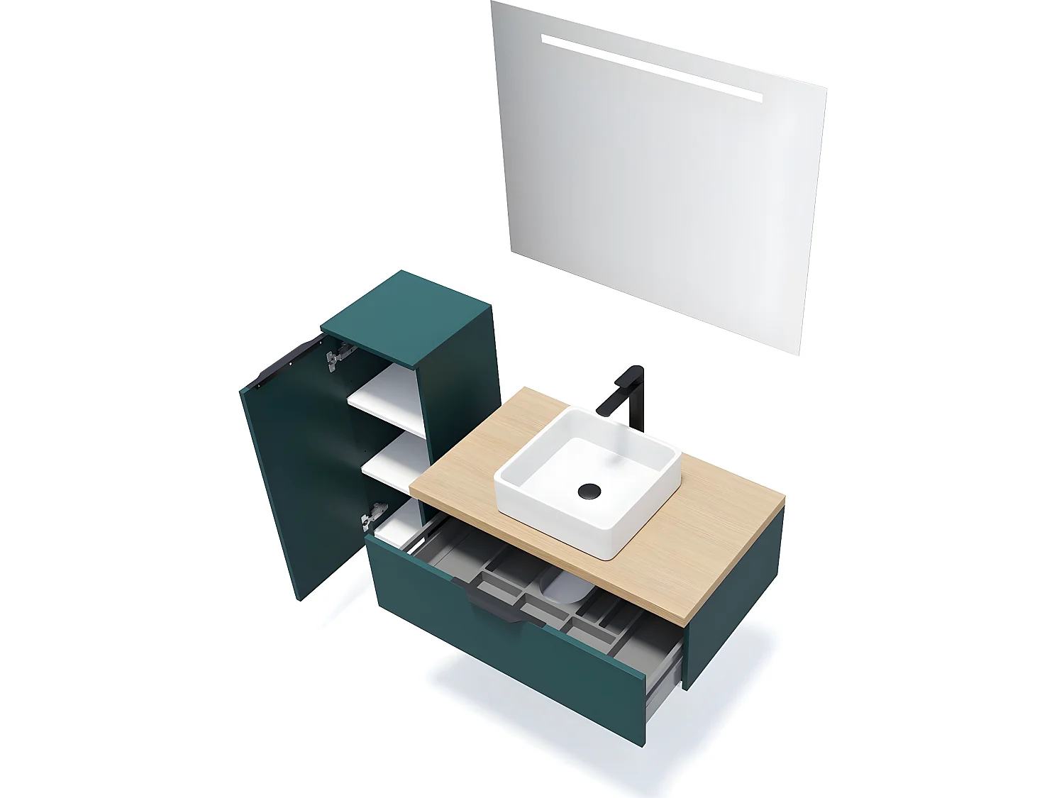 Meuble de salle de bain suspendu vasque à poser 90cm 1 tiroir Bleu + miroir + colonne ouverture gauche - Soho