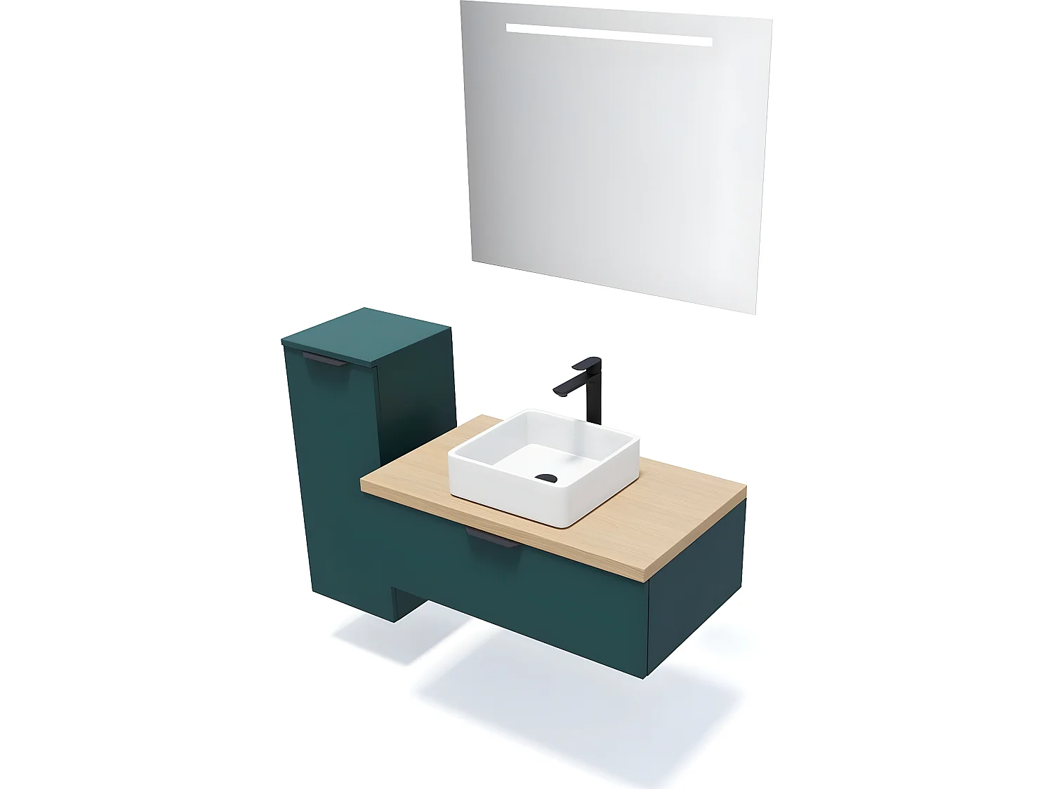 Meuble de salle de bain suspendu vasque à poser 90cm 1 tiroir Bleu + miroir + colonne ouverture gauche - Soho