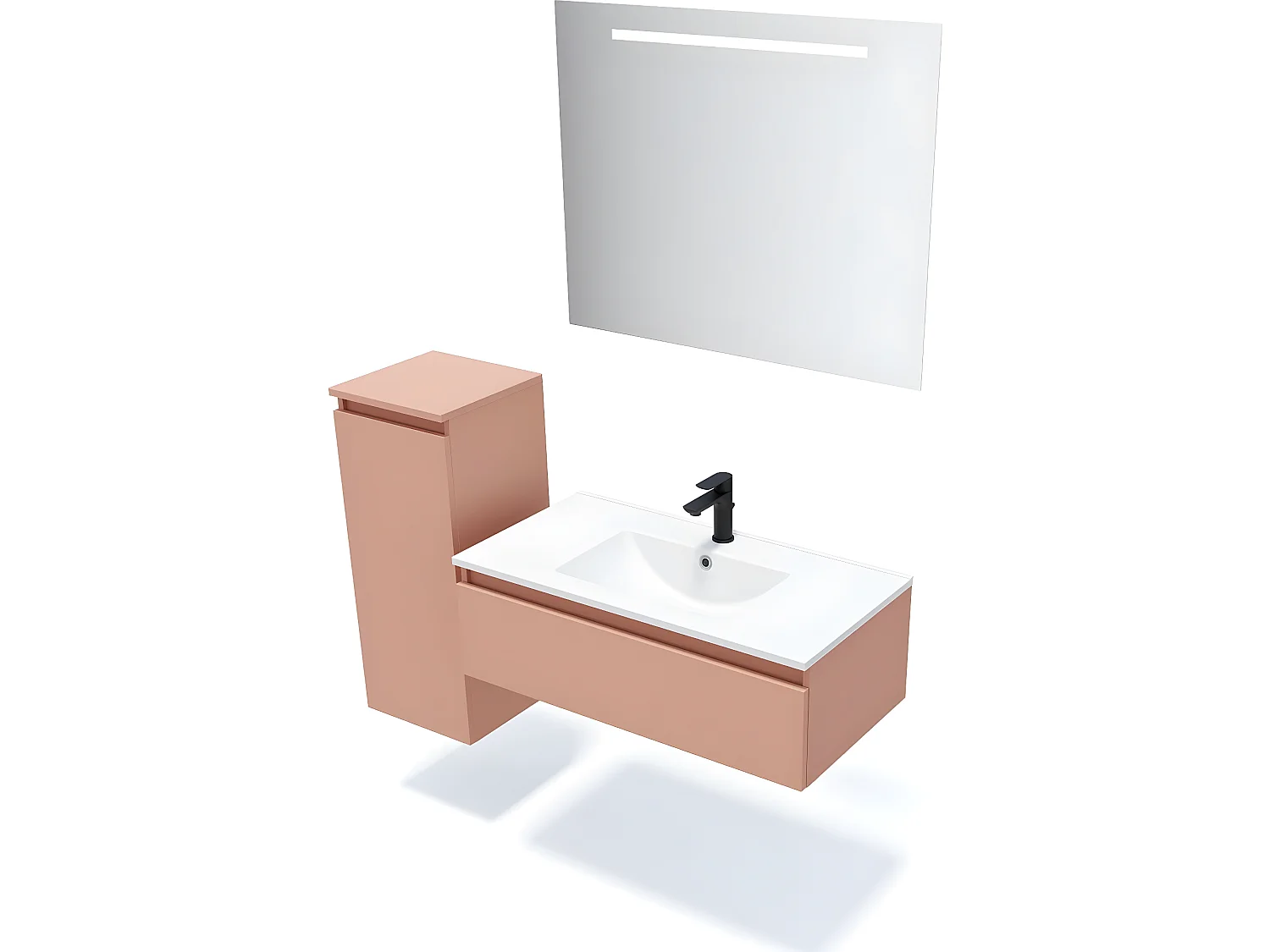 Meuble de salle de bain suspendu vasque intégrée 90cm 1 tiroir Abricot + miroir + colonne ouverture gauche - Hudson