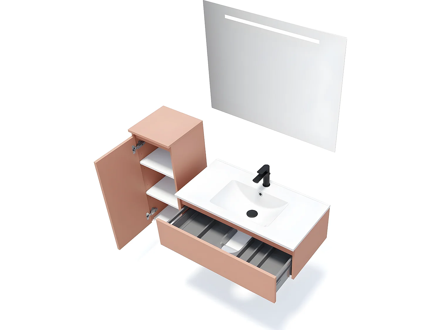 Meuble de salle de bain suspendu vasque intégrée 90cm 1 tiroir Abricot + miroir + colonne ouverture gauche - Hudson