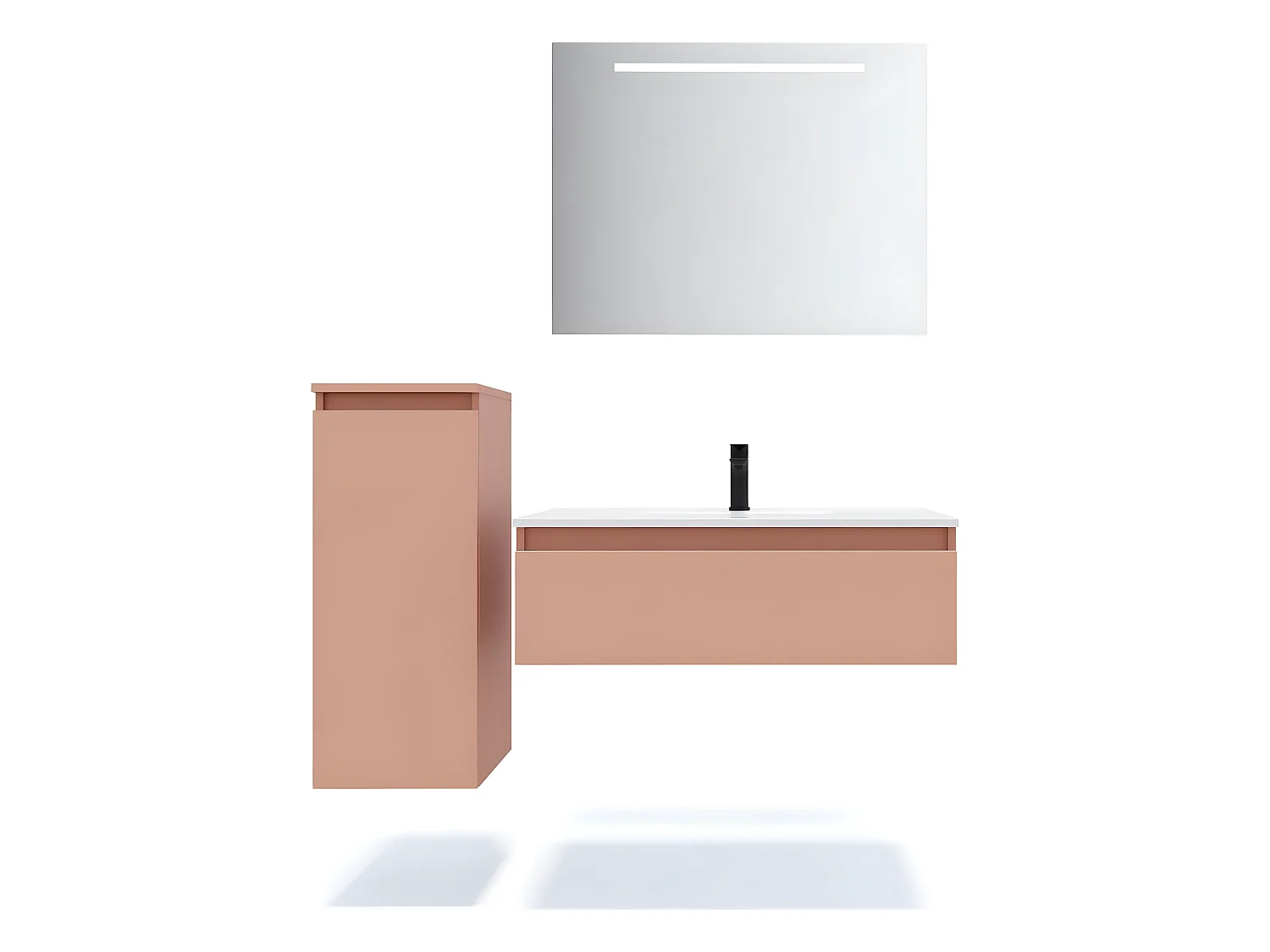 Meuble de salle de bain suspendu vasque intégrée 90cm 1 tiroir Abricot + miroir + colonne ouverture gauche - Hudson
