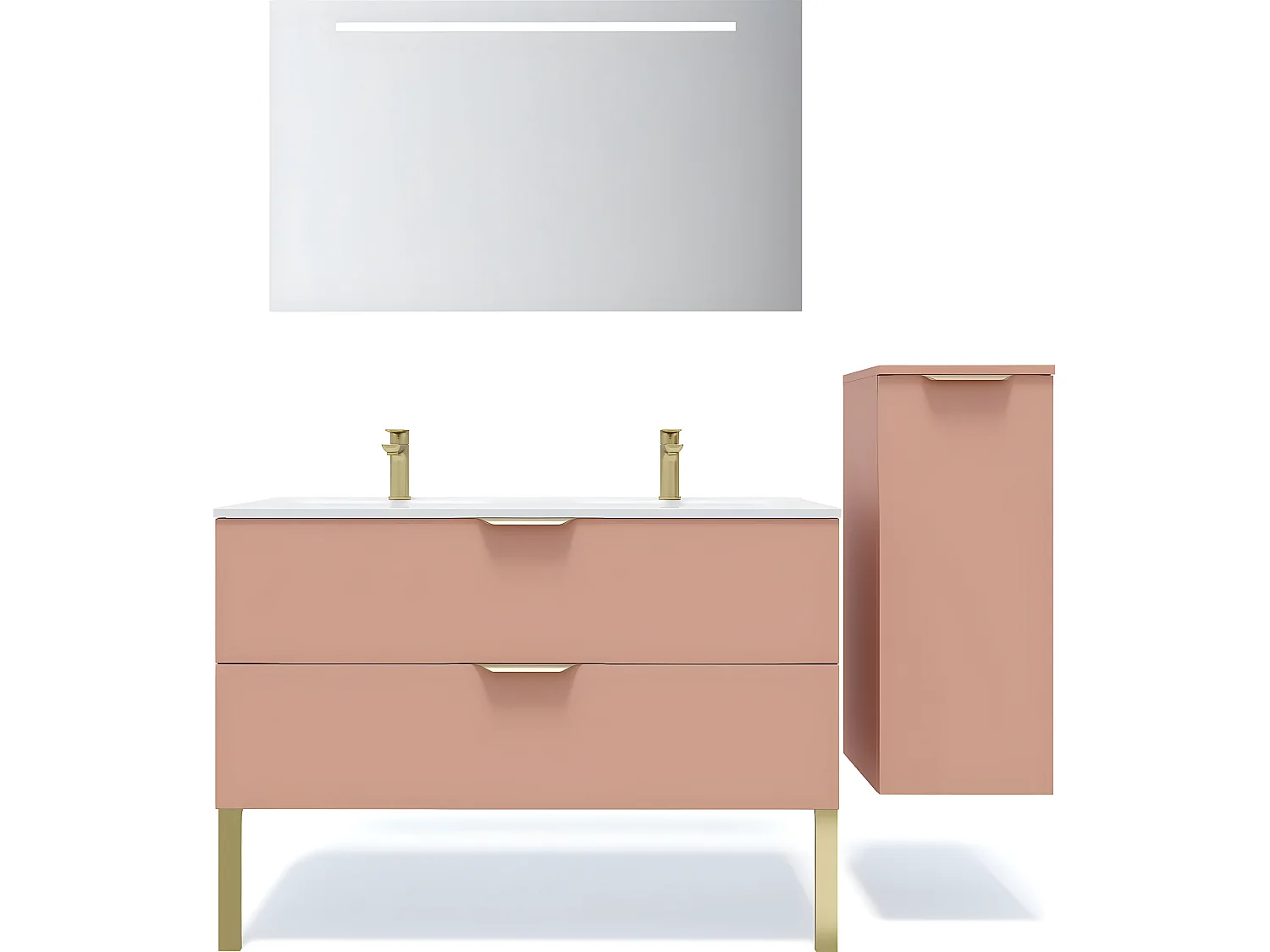 Meuble de salle de bain suspendu double vasque intégrée 120cm 2 tiroirs Abricot + miroir + colonne ouverture droite - Venice