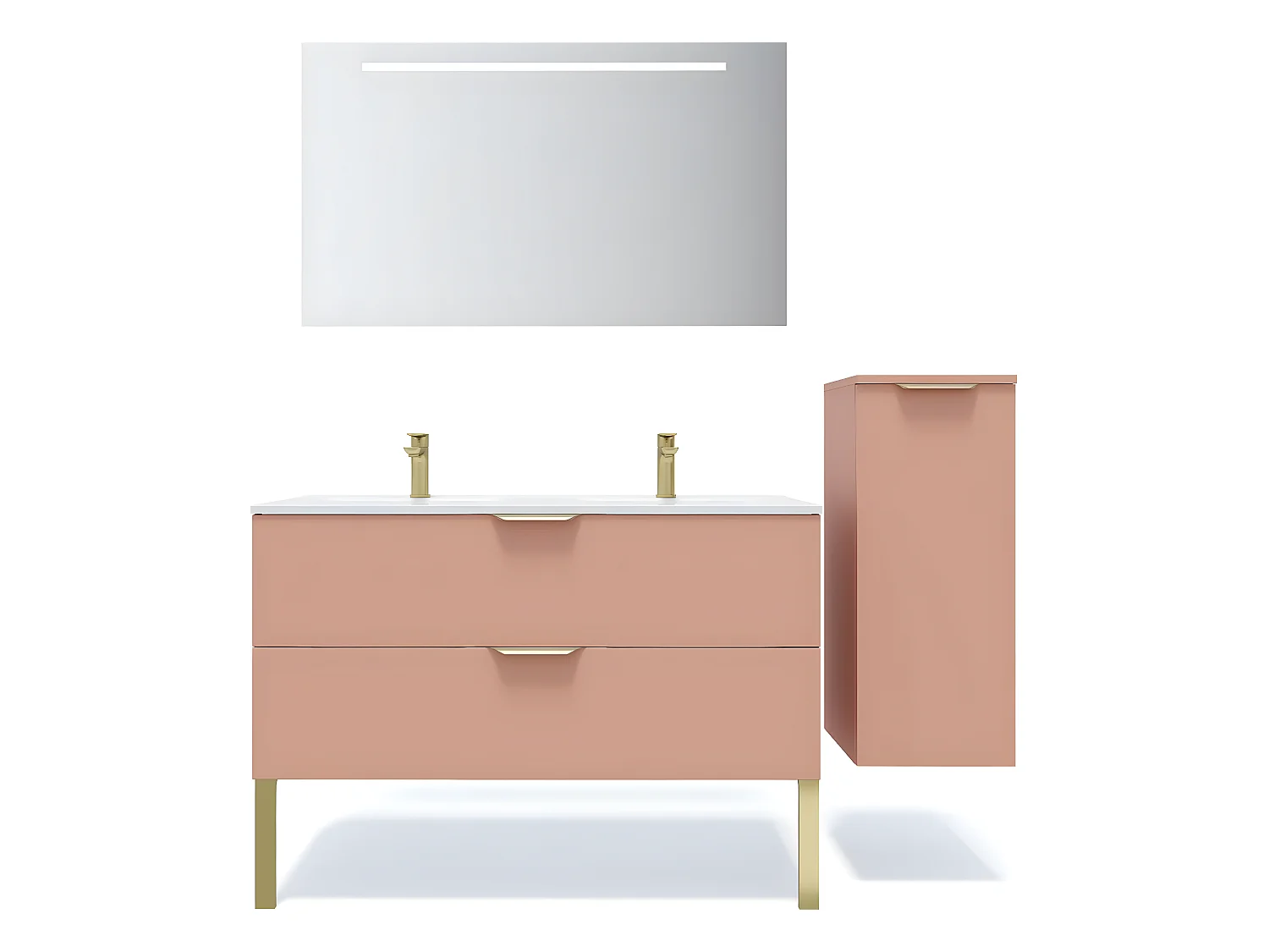 Meuble de salle de bain suspendu double vasque intégrée 120cm 2 tiroirs Abricot + miroir + colonne ouverture droite - Venice