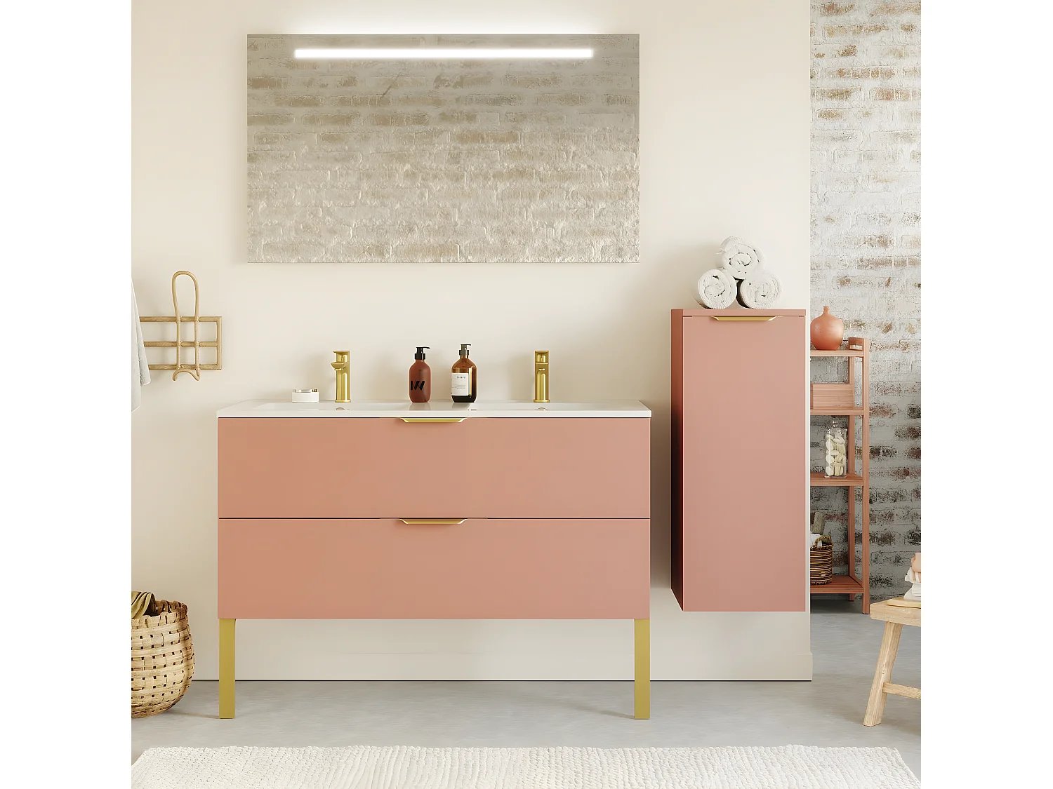 Meuble de salle de bain suspendu double vasque intégrée 120cm 2 tiroirs Abricot + miroir + colonne ouverture droite - Venice