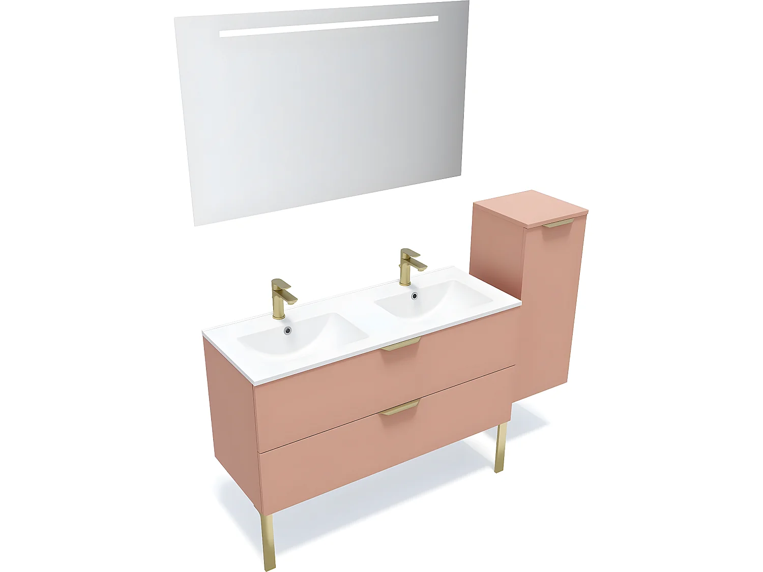 Meuble de salle de bain suspendu double vasque intégrée 120cm 2 tiroirs Abricot + miroir + colonne ouverture droite - Venice