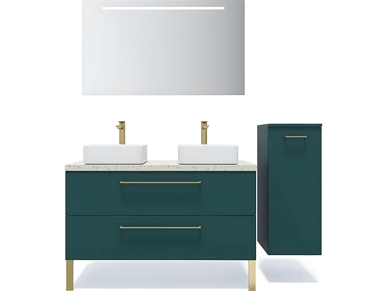 Meuble de salle de bain suspendu 2 vasques à poser 120cm 2 tiroirs Bleu + miroir + colonne ouverture droite - Glasgow