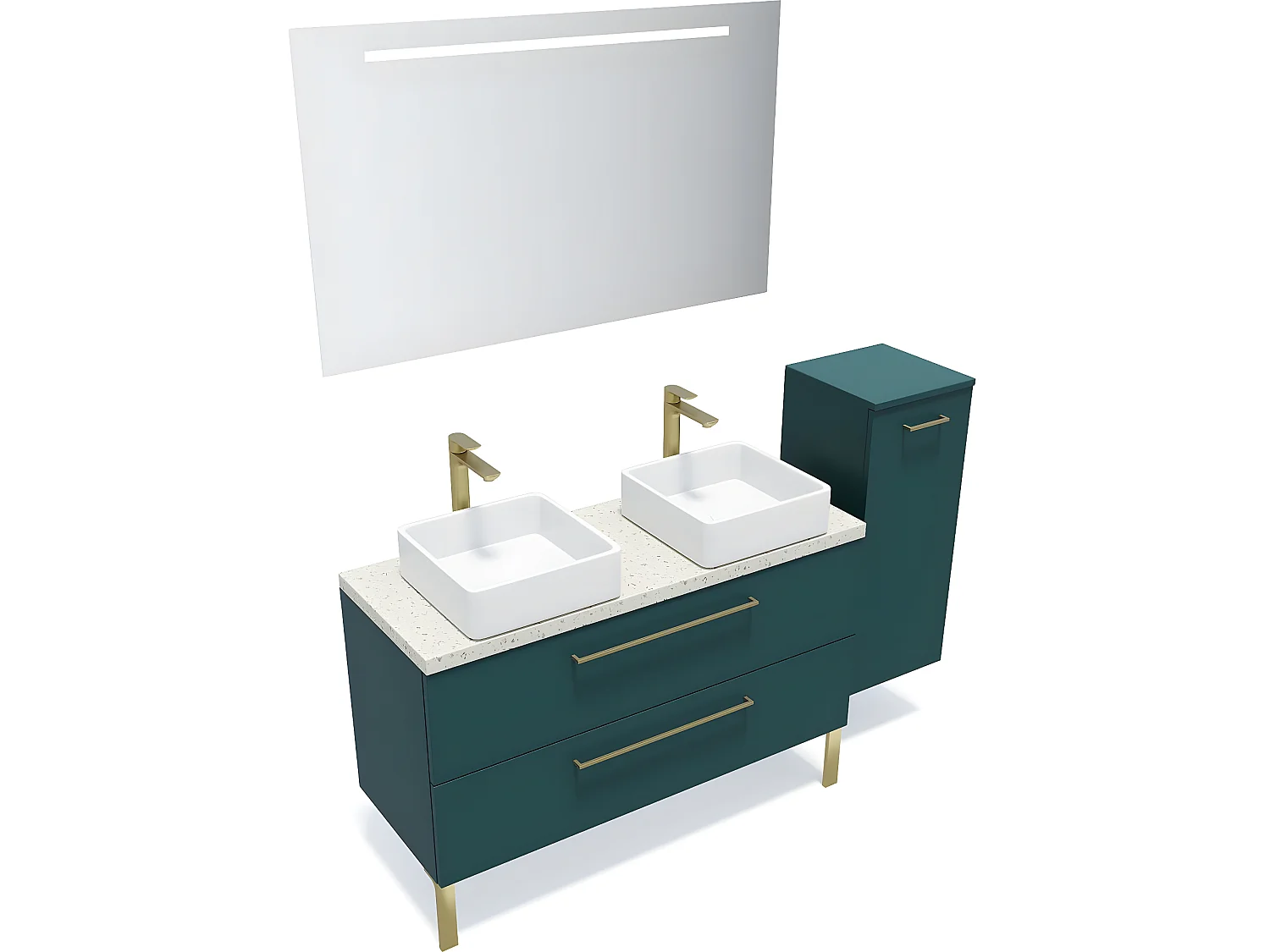 Meuble de salle de bain suspendu 2 vasques à poser 120cm 2 tiroirs Bleu + miroir + colonne ouverture droite - Glasgow