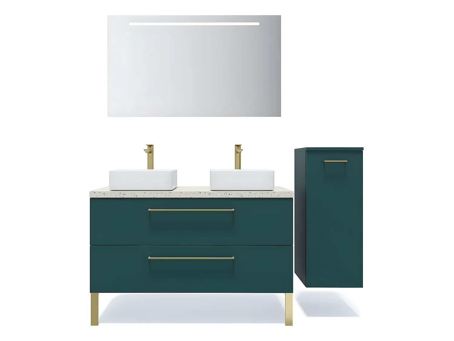 Meuble de salle de bain suspendu 2 vasques à poser 120cm 2 tiroirs Bleu + miroir + colonne ouverture droite - Glasgow