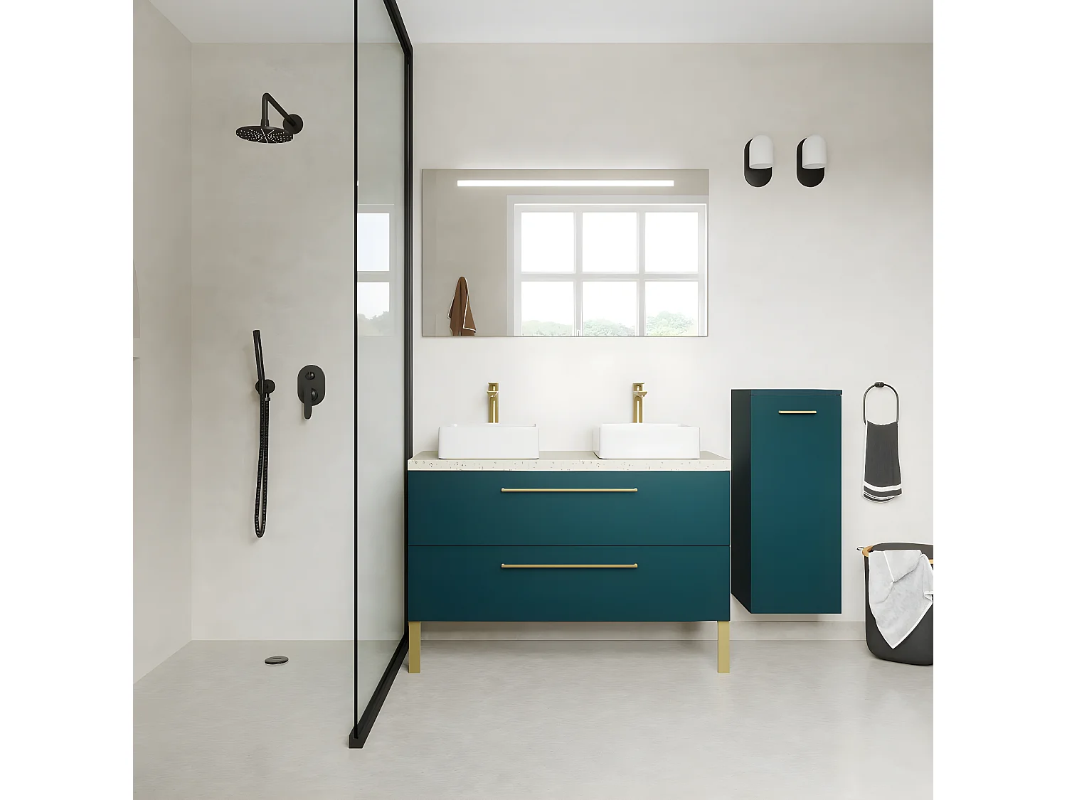 Meuble de salle de bain suspendu 2 vasques à poser 120cm 2 tiroirs Bleu + miroir + colonne ouverture droite - Glasgow