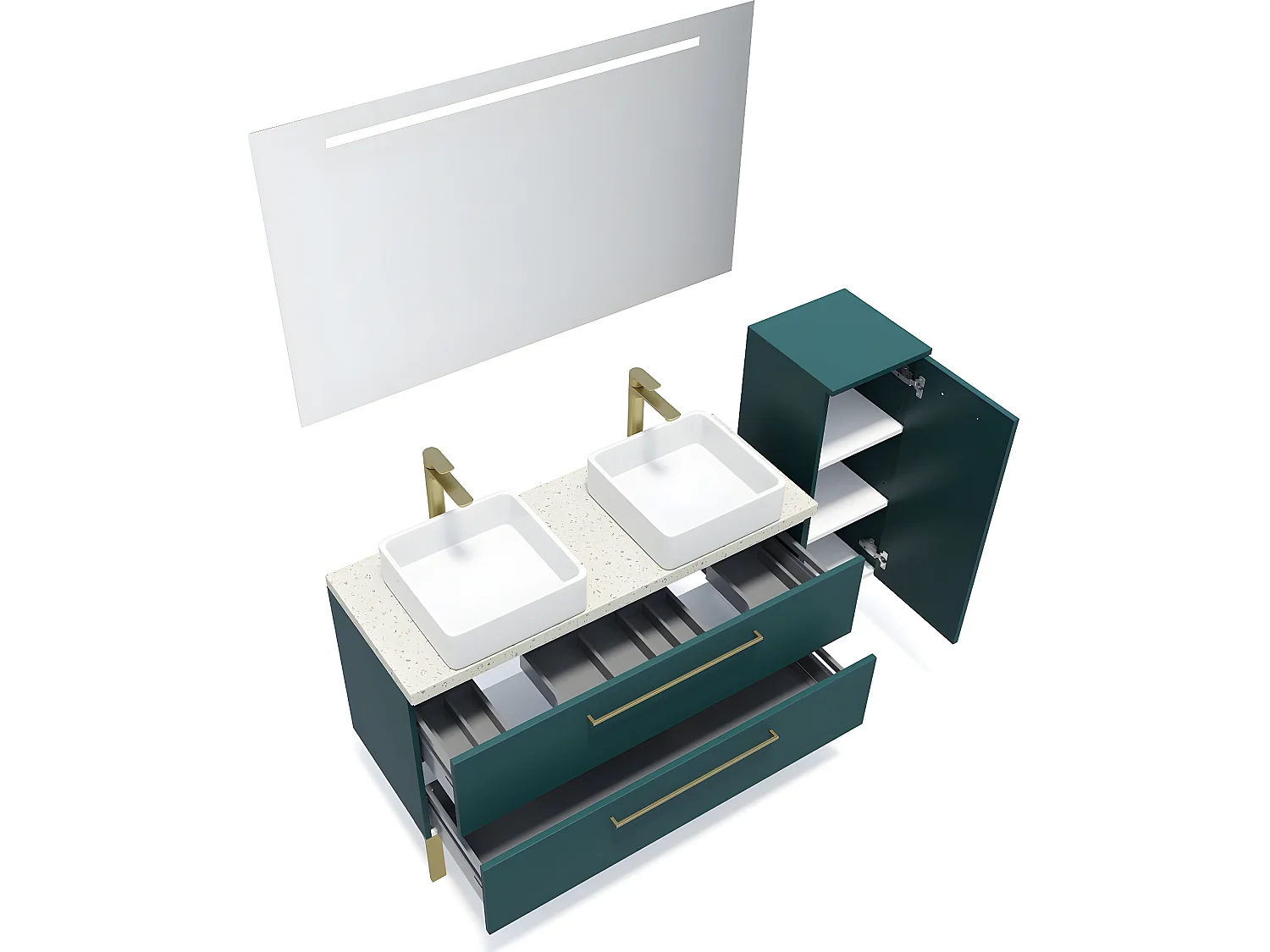 Meuble de salle de bain suspendu 2 vasques à poser 120cm 2 tiroirs Bleu + miroir + colonne ouverture droite - Glasgow