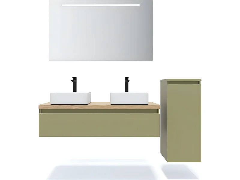 Meuble de salle de bain suspendu 2 vasques à poser 120cm 1 tiroir Vert olive + miroir + colonne ouverture droite - Hudson