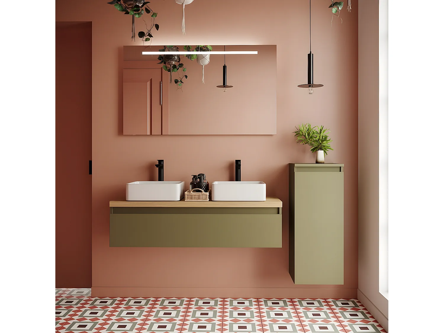 Meuble de salle de bain suspendu 2 vasques à poser 120cm 1 tiroir Vert olive + miroir + colonne ouverture droite - Hudson