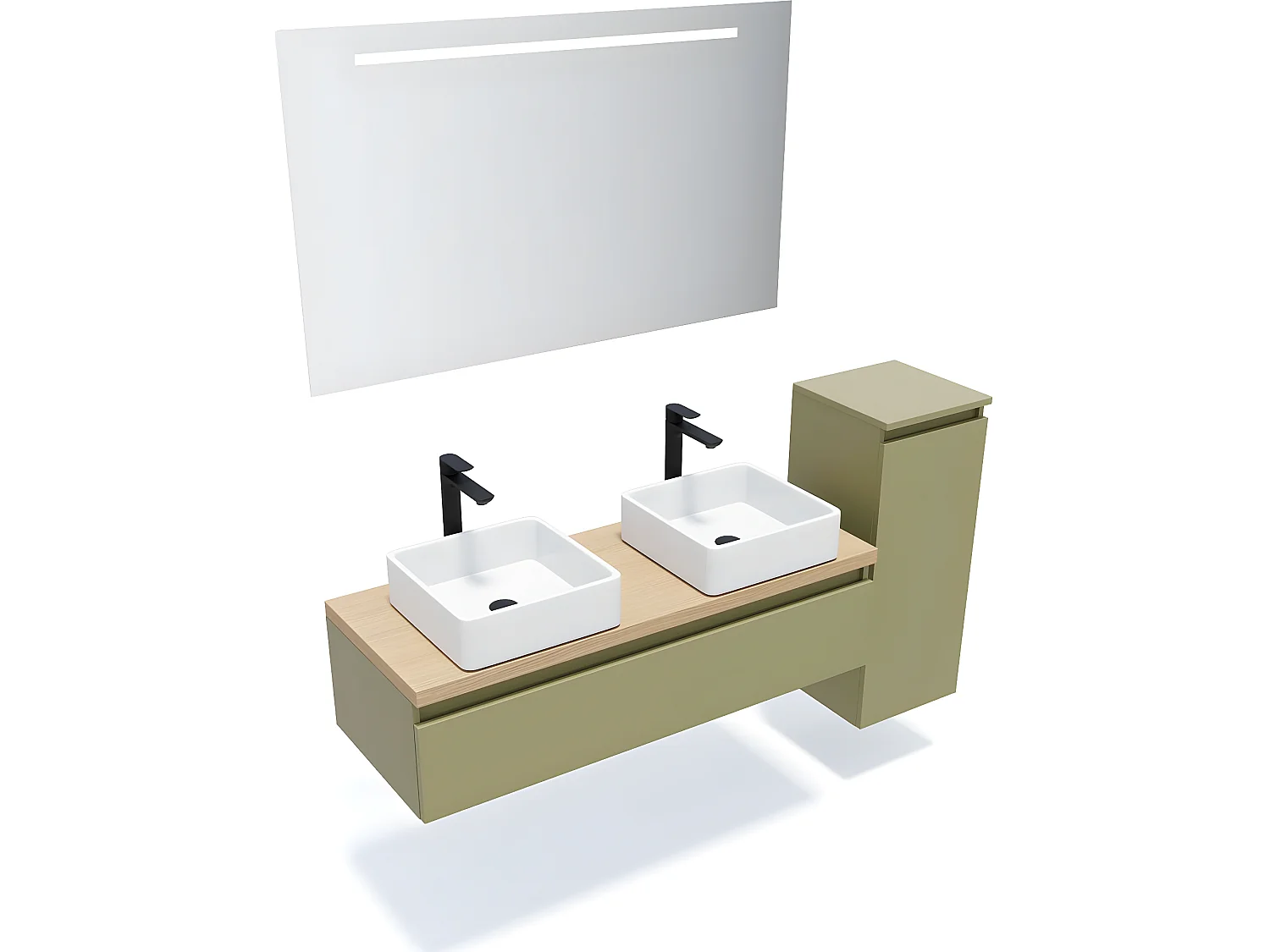 Meuble de salle de bain suspendu 2 vasques à poser 120cm 1 tiroir Vert olive + miroir + colonne ouverture droite - Hudson