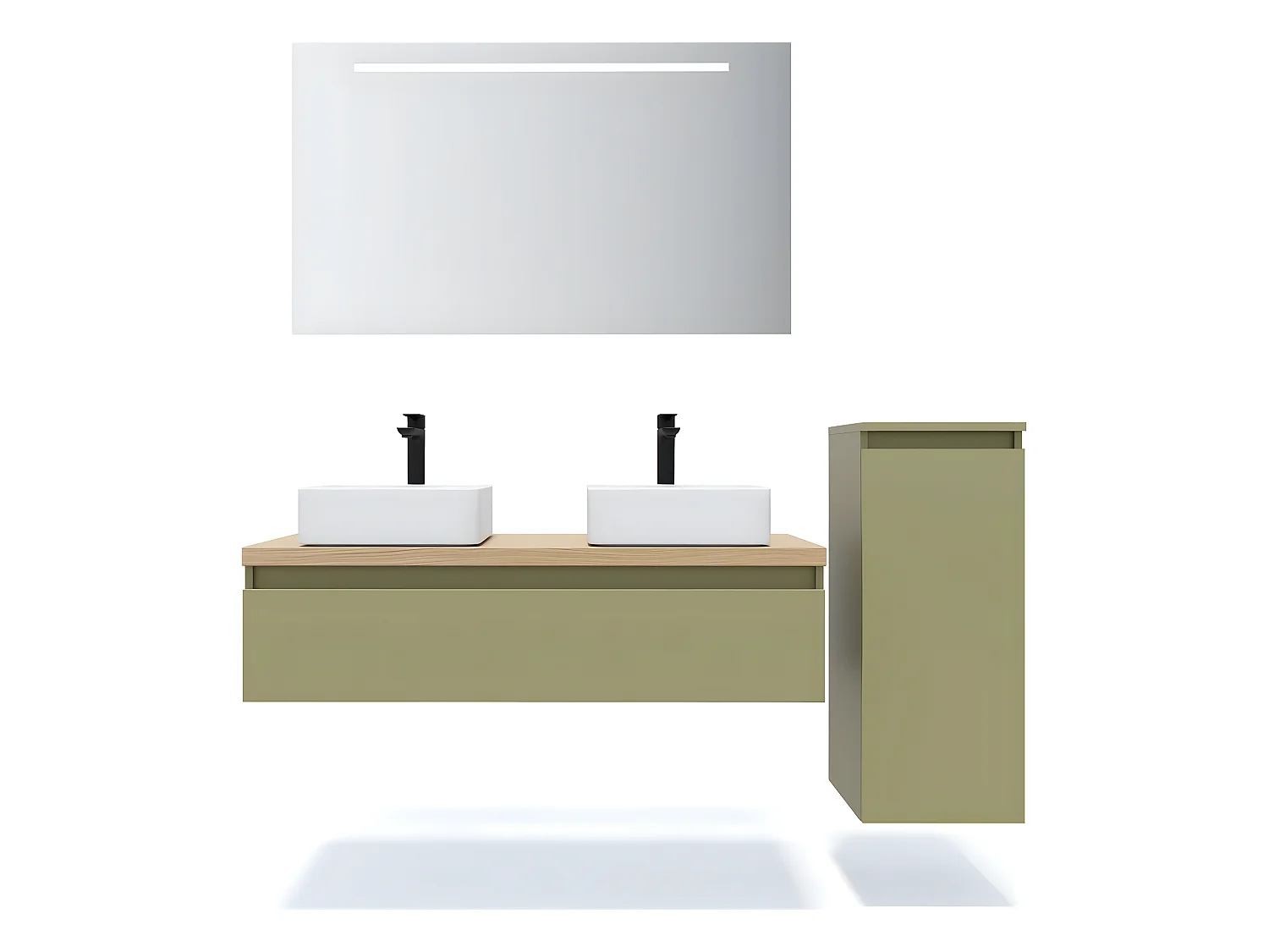 Meuble de salle de bain suspendu 2 vasques à poser 120cm 1 tiroir Vert olive + miroir + colonne ouverture droite - Hudson