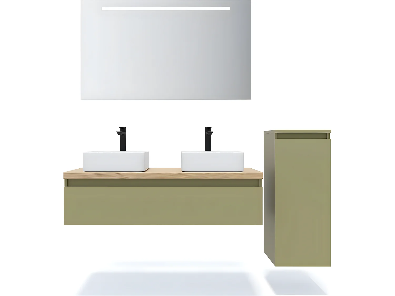 Meuble de salle de bain suspendu 2 vasques à poser 120cm 1 tiroir Vert olive + miroir + colonne ouverture droite - Hudson