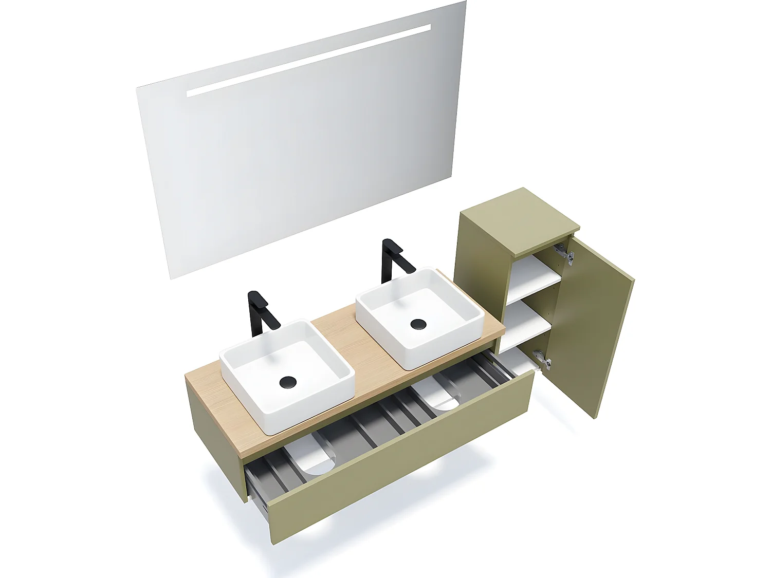 Meuble de salle de bain suspendu 2 vasques à poser 120cm 1 tiroir Vert olive + miroir + colonne ouverture droite - Hudson