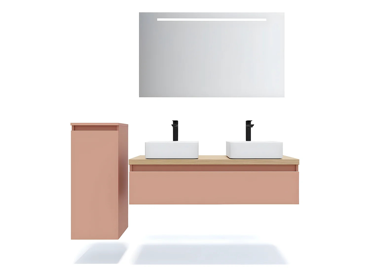 Meuble de salle de bain suspendu 2 vasques à poser 120cm 1 tiroir Abricot + miroir + colonne ouverture gauche - Hudson