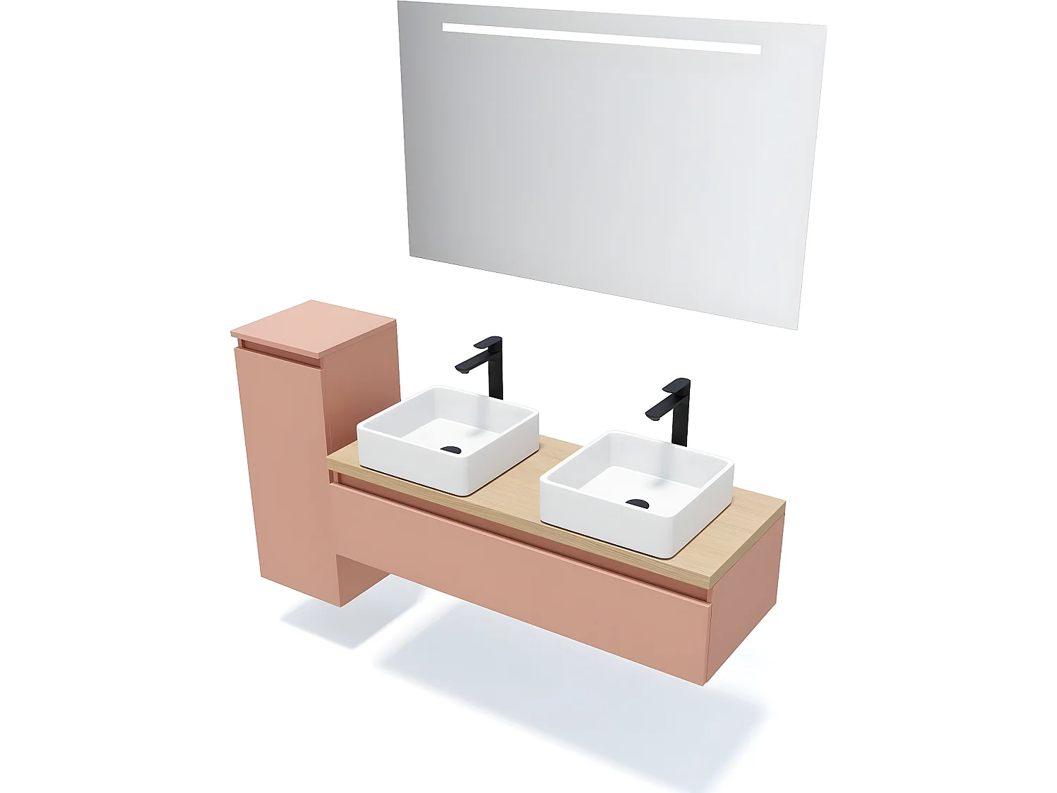 Meuble de salle de bain suspendu 2 vasques à poser 120cm 1 tiroir Abricot + miroir + colonne ouverture gauche - Hudson