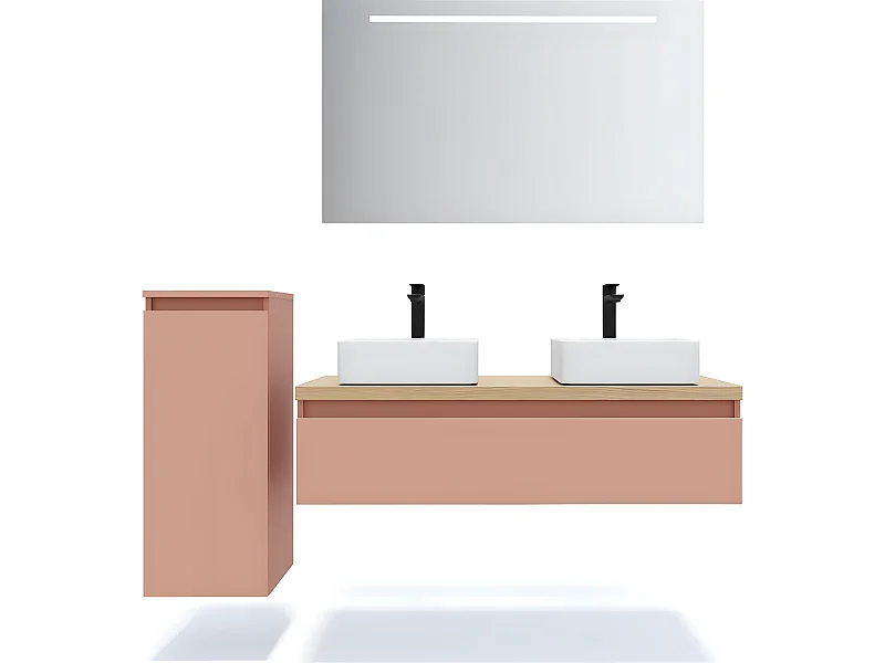 Meuble de salle de bain suspendu 2 vasques à poser 120cm 1 tiroir Abricot + miroir + colonne ouverture gauche - Hudson