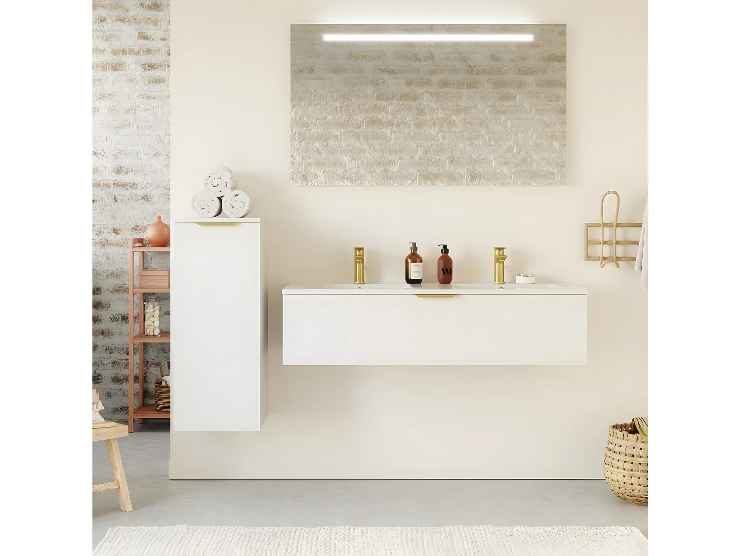 Meuble de salle de bain suspendu double vasque intégrée 120cm 1 tiroir Blanc + miroir + colonne ouverture gauche - Venice