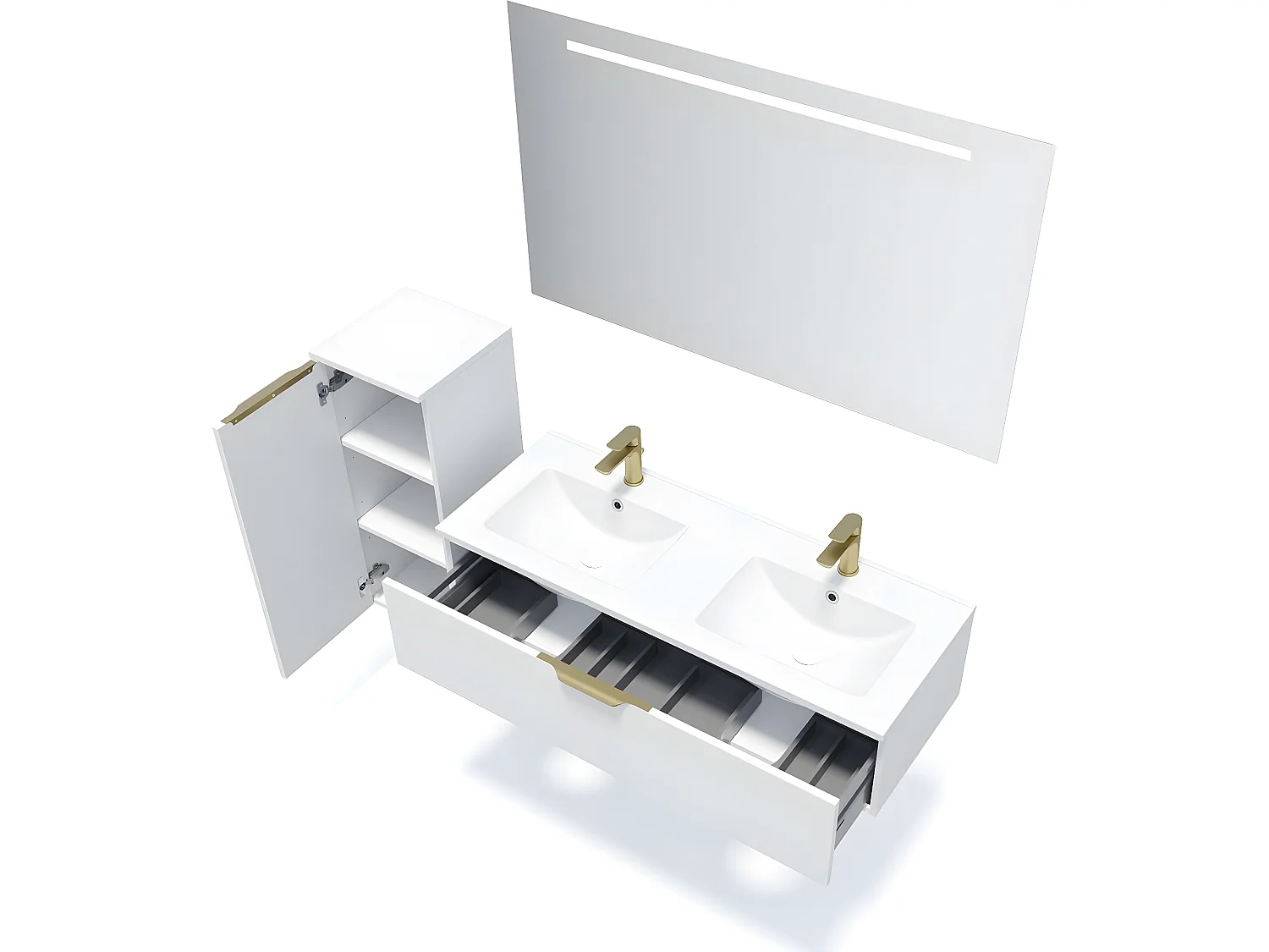 Meuble de salle de bain suspendu double vasque intégrée 120cm 1 tiroir Blanc + miroir + colonne ouverture gauche - Venice