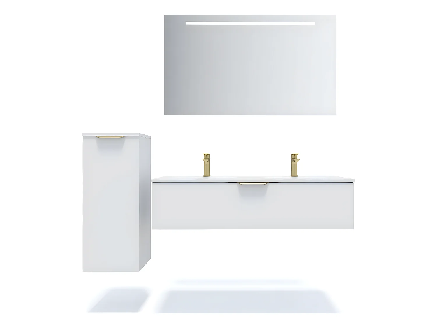 Meuble de salle de bain suspendu double vasque intégrée 120cm 1 tiroir Blanc + miroir + colonne ouverture gauche - Venice