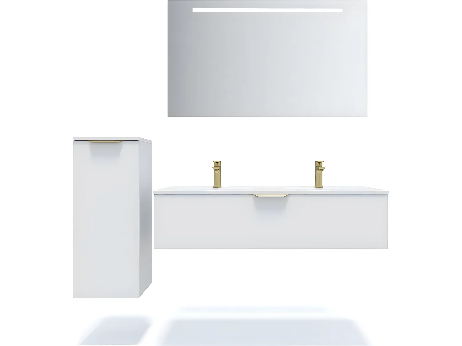 Meuble de salle de bain suspendu double vasque intégrée 120cm 1 tiroir Blanc + miroir + colonne ouverture gauche - Venice