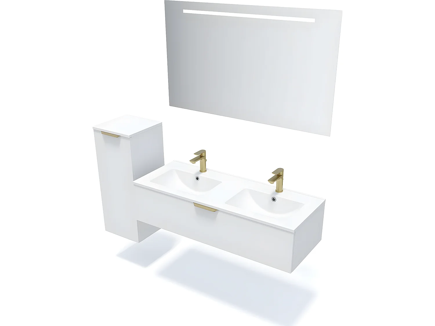 Meuble de salle de bain suspendu double vasque intégrée 120cm 1 tiroir Blanc + miroir + colonne ouverture gauche - Venice