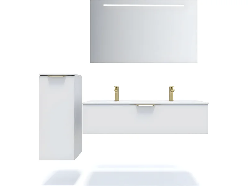 Meuble de salle de bain suspendu double vasque intégrée 120cm 1 tiroir Blanc + miroir + colonne ouverture gauche - Venice