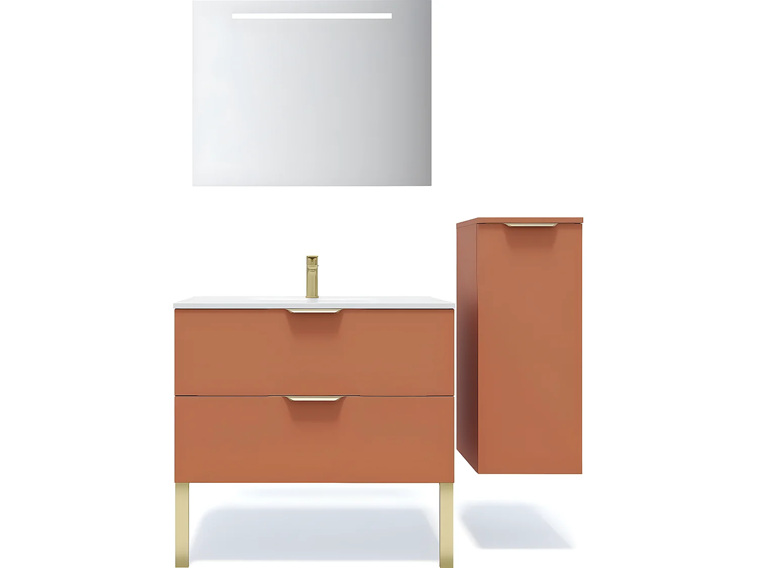 Meuble de salle de bain suspendu vasque intégrée 90cm 2 tiroirs Terracotta + miroir + colonne ouverture droite - Venice