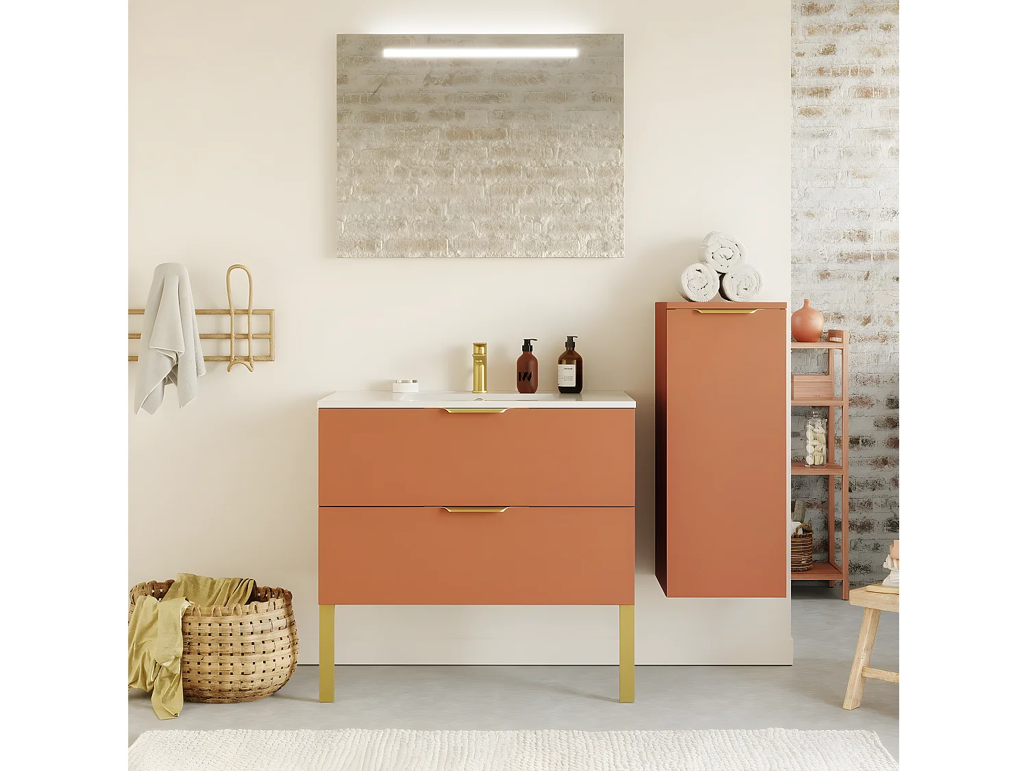 Meuble de salle de bain suspendu vasque intégrée 90cm 2 tiroirs Terracotta + miroir + colonne ouverture droite - Venice