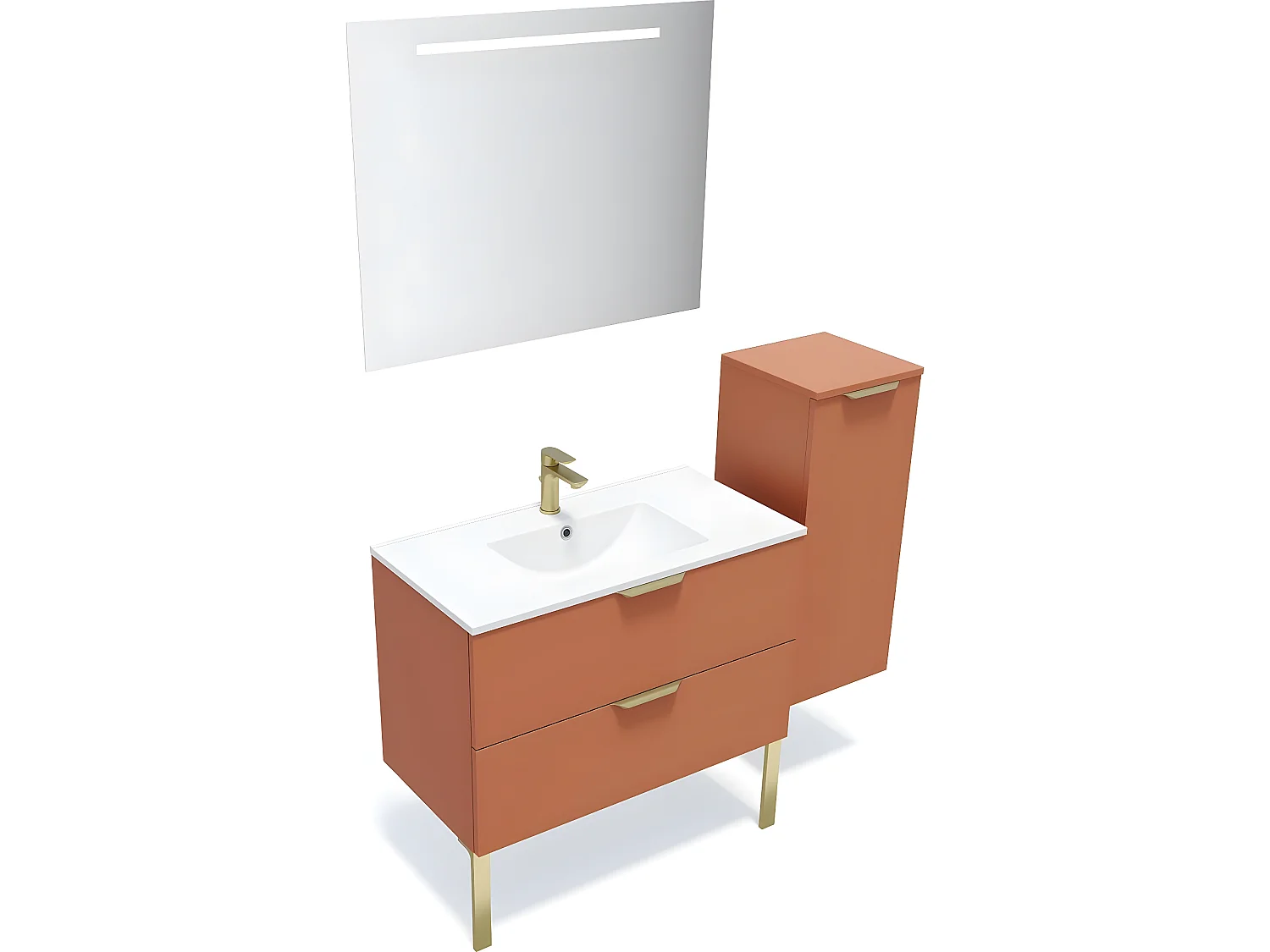 Meuble de salle de bain suspendu vasque intégrée 90cm 2 tiroirs Terracotta + miroir + colonne ouverture droite - Venice