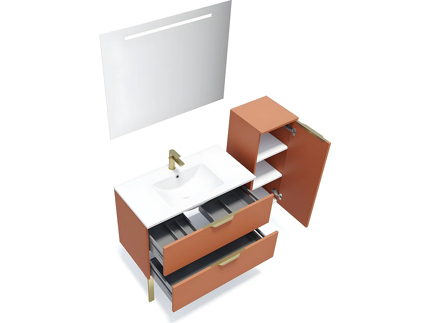 Meuble de salle de bain suspendu vasque intégrée 90cm 2 tiroirs Terracotta + miroir + colonne ouverture droite - Venice