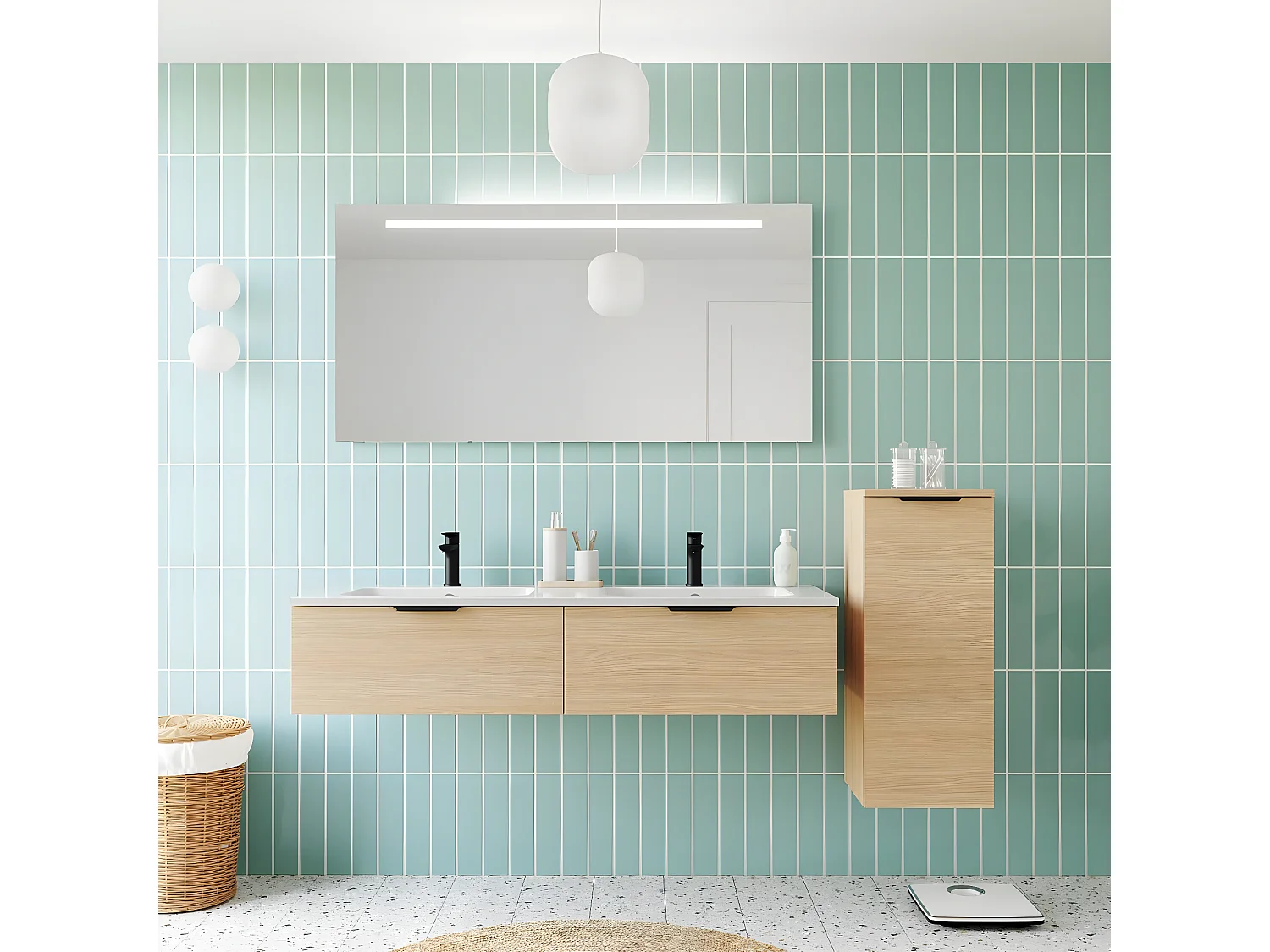 Meuble de salle de bain suspendu double vasque intégrée 140cm 2 tiroirs Chêne clair + miroir + colonne ouverture droite - Soho