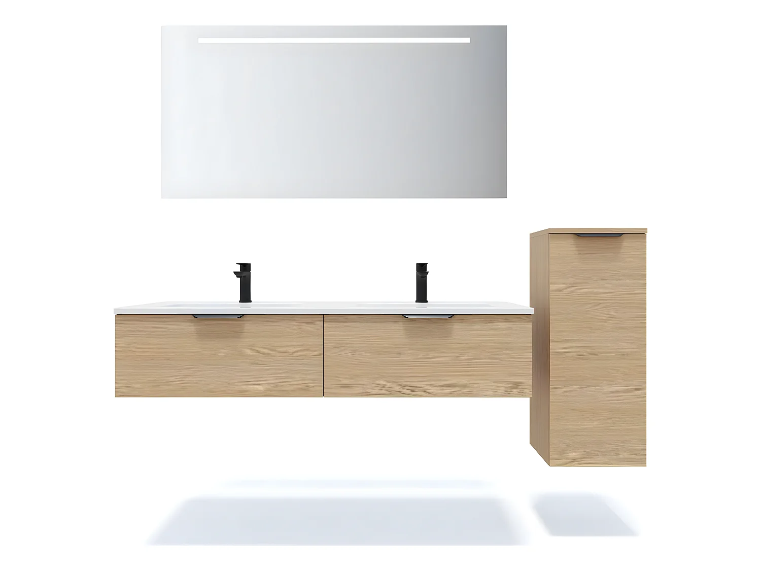 Meuble de salle de bain suspendu double vasque intégrée 140cm 2 tiroirs Chêne clair + miroir + colonne ouverture droite - Soho