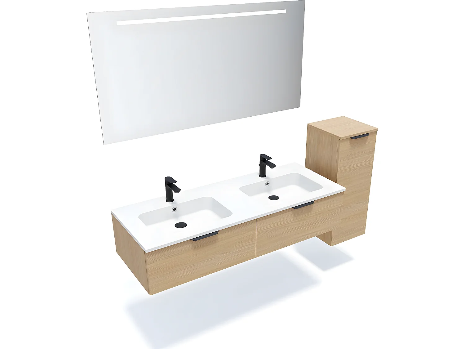 Meuble de salle de bain suspendu double vasque intégrée 140cm 2 tiroirs Chêne clair + miroir + colonne ouverture droite - Soho