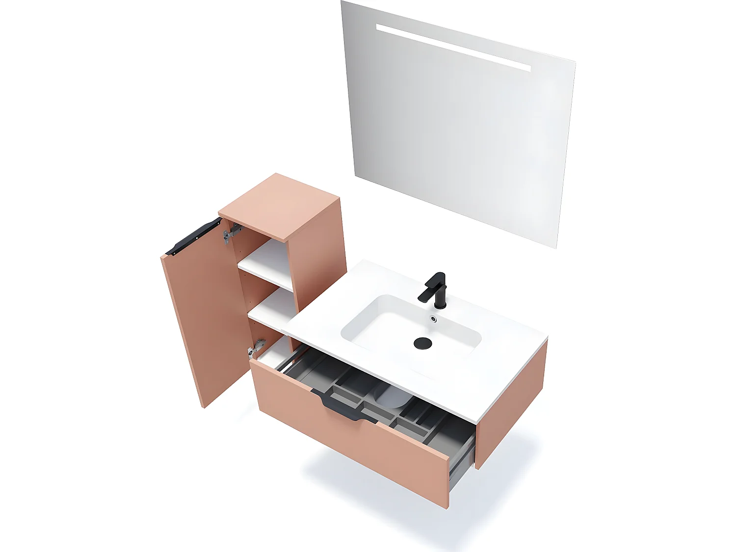 Meuble de salle de bain suspendu vasque intégrée 90cm 1 tiroir Abricot + miroir + colonne ouverture gauche - Soho