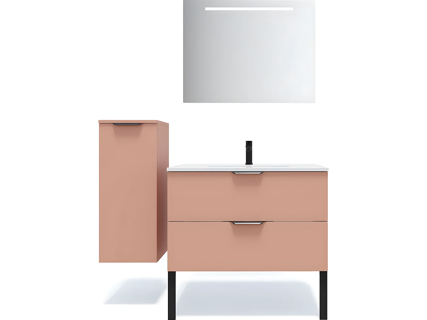 Meuble de salle de bain suspendu vasque intégrée 90cm 2 tiroirs Abricot + miroir + colonne ouverture gauche - Soho