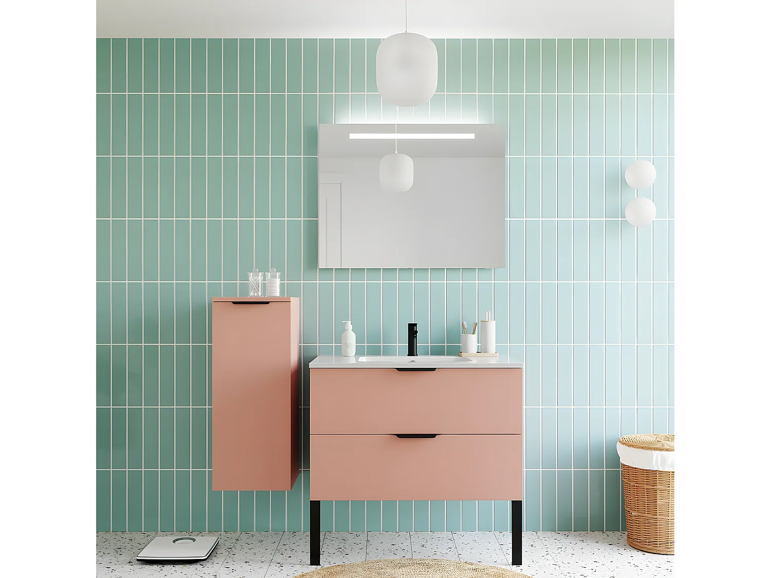 Meuble de salle de bain suspendu vasque intégrée 90cm 2 tiroirs Abricot + miroir + colonne ouverture gauche - Soho