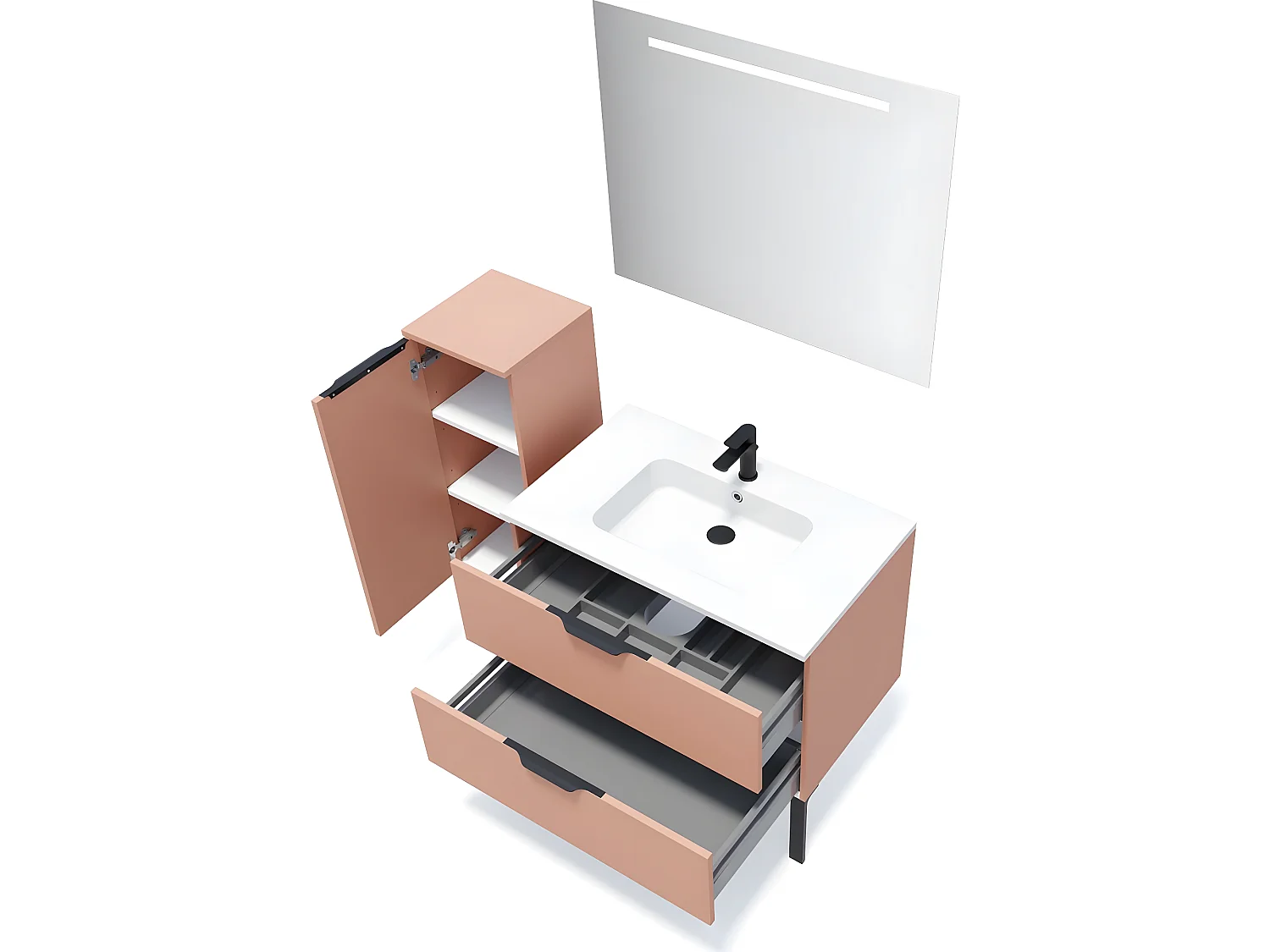 Meuble de salle de bain suspendu vasque intégrée 90cm 2 tiroirs Abricot + miroir + colonne ouverture gauche - Soho