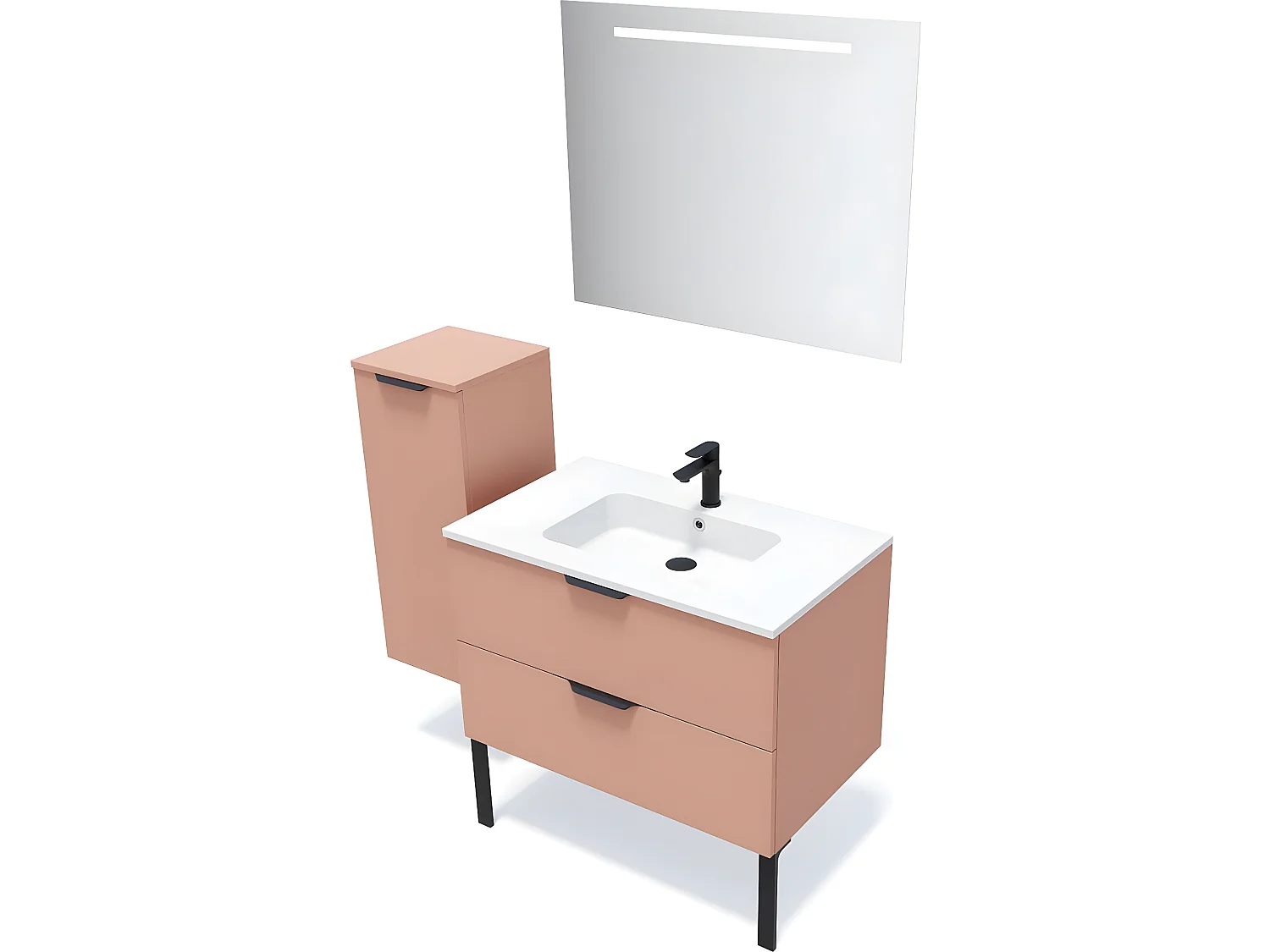 Meuble de salle de bain suspendu vasque intégrée 90cm 2 tiroirs Abricot + miroir + colonne ouverture gauche - Soho