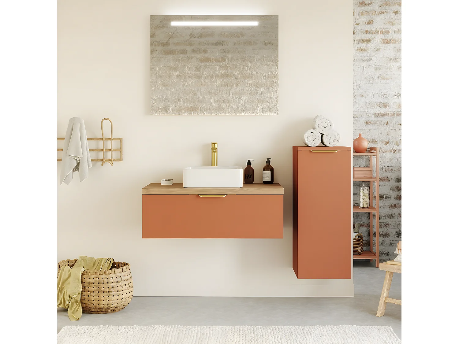 Meuble de salle de bain suspendu vasque à poser 90cm 1 tiroir Terracotta + miroir + colonne ouverture droite - Venice
