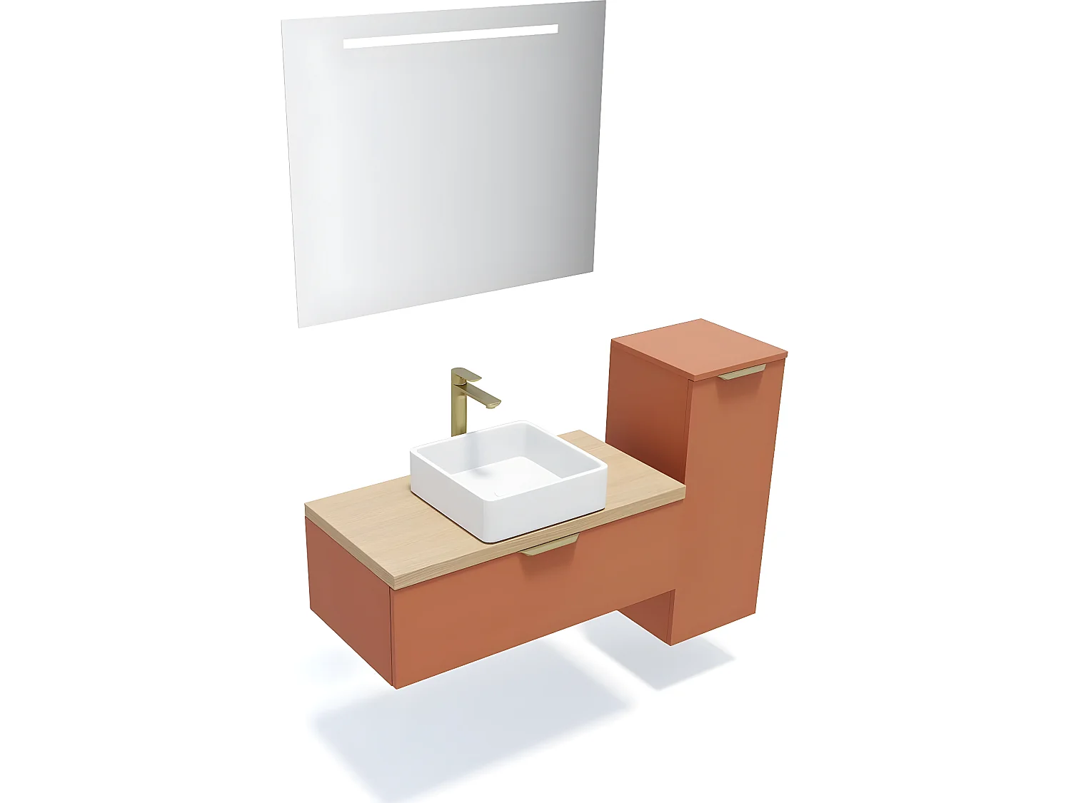 Meuble de salle de bain suspendu vasque à poser 90cm 1 tiroir Terracotta + miroir + colonne ouverture droite - Venice