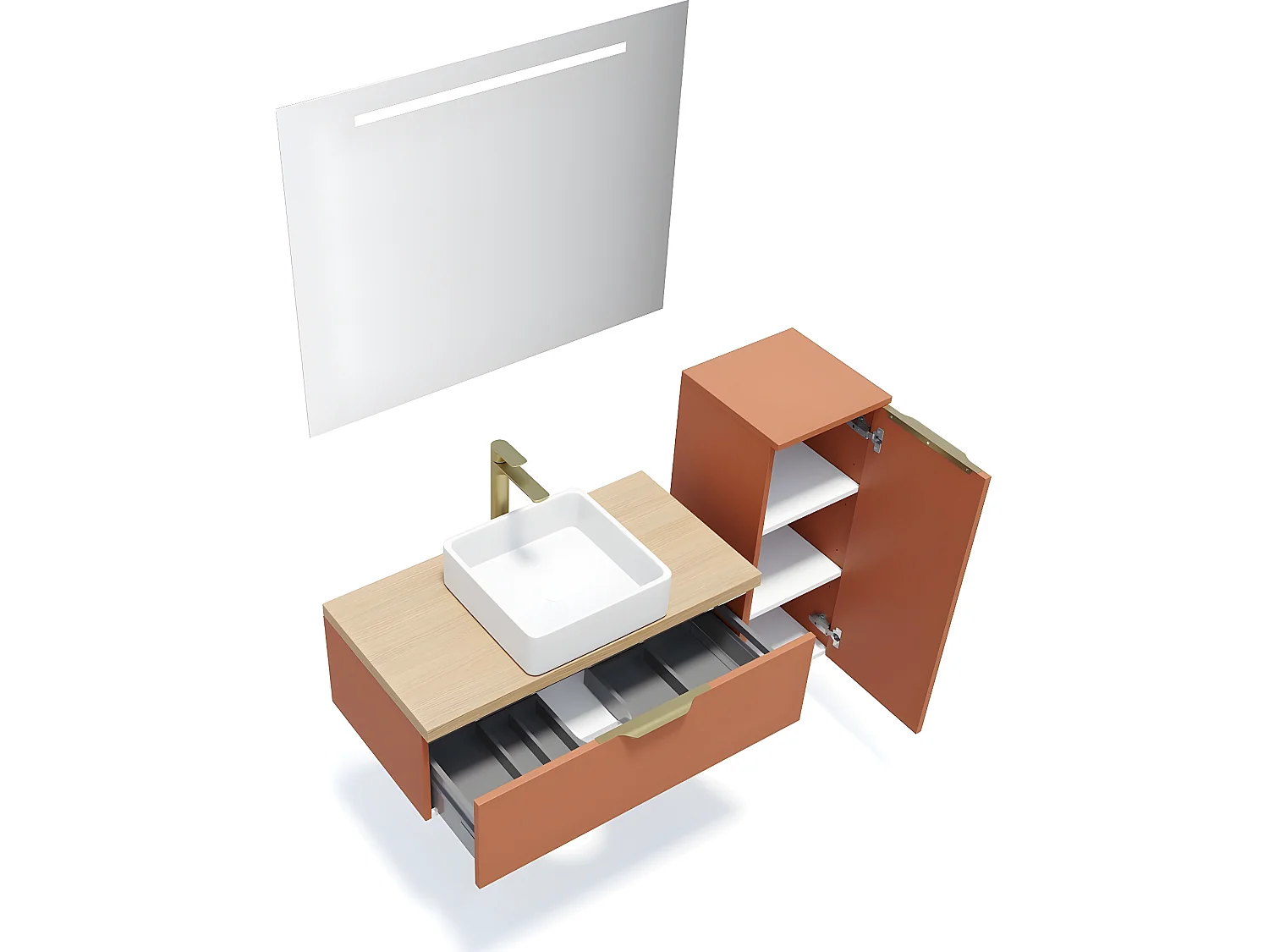 Meuble de salle de bain suspendu vasque à poser 90cm 1 tiroir Terracotta + miroir + colonne ouverture droite - Venice